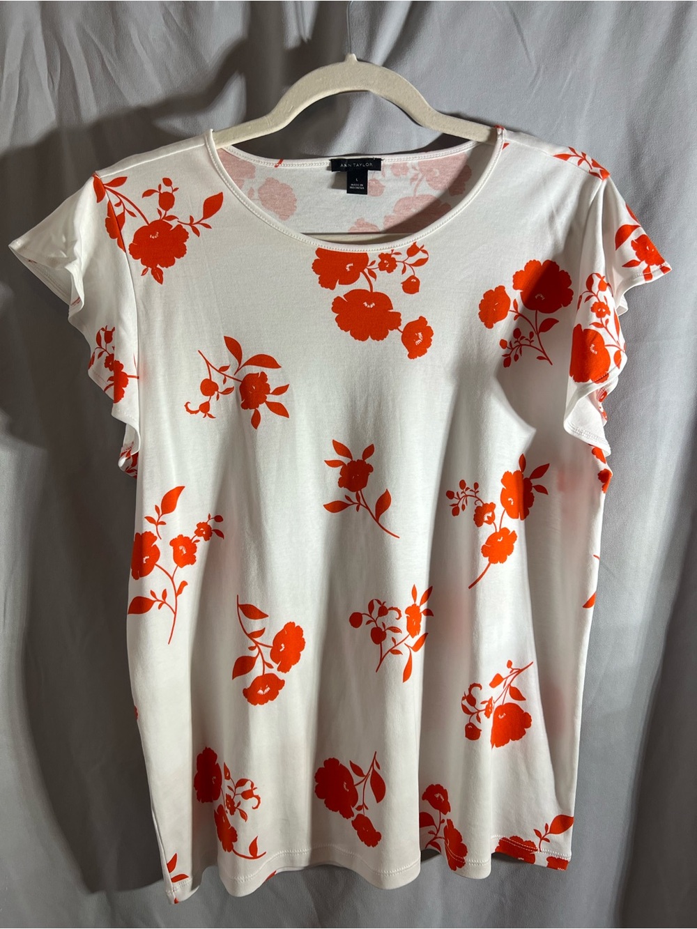Ann Taylor White Tee with Bright Orange Floral Print and Flutter Sleeves